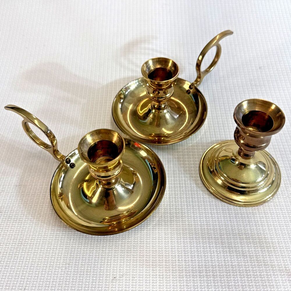 Set of 3 Vintage Solid Brass Candle Holders, 2 with thumb grip, good used cond.